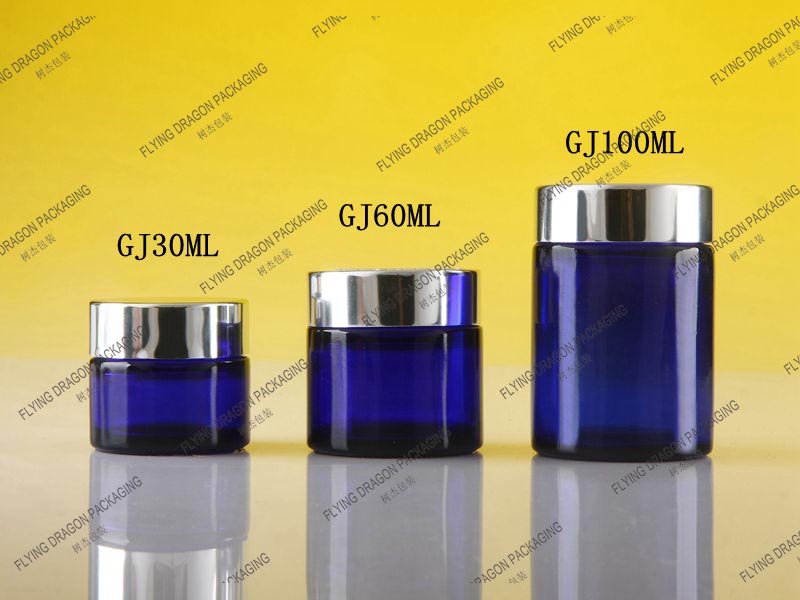 5-100G BLUE GLASS FACE CREAM JARS; EYE CREAM PACKAGING; EMPTY REFILLABLE GLASS COSMETIC CREAM BOTTLE CONTAINER [GJ series]